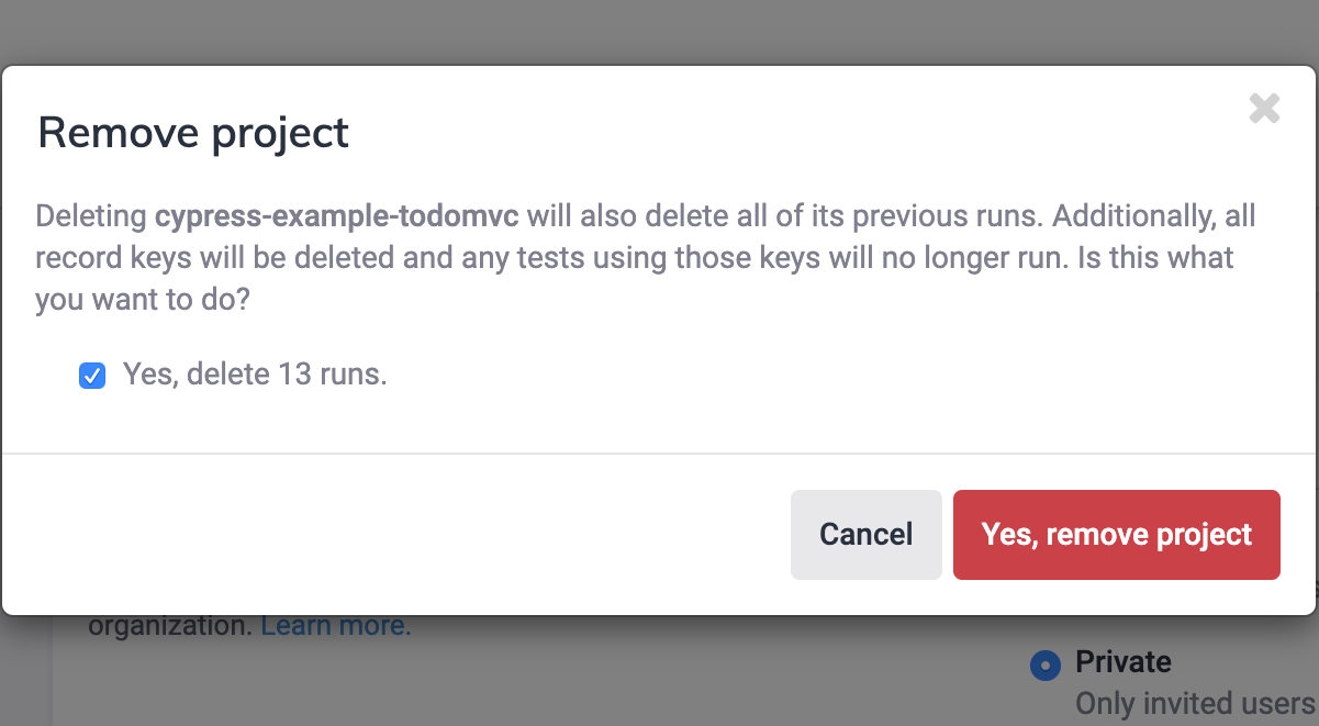 Delete project dialog